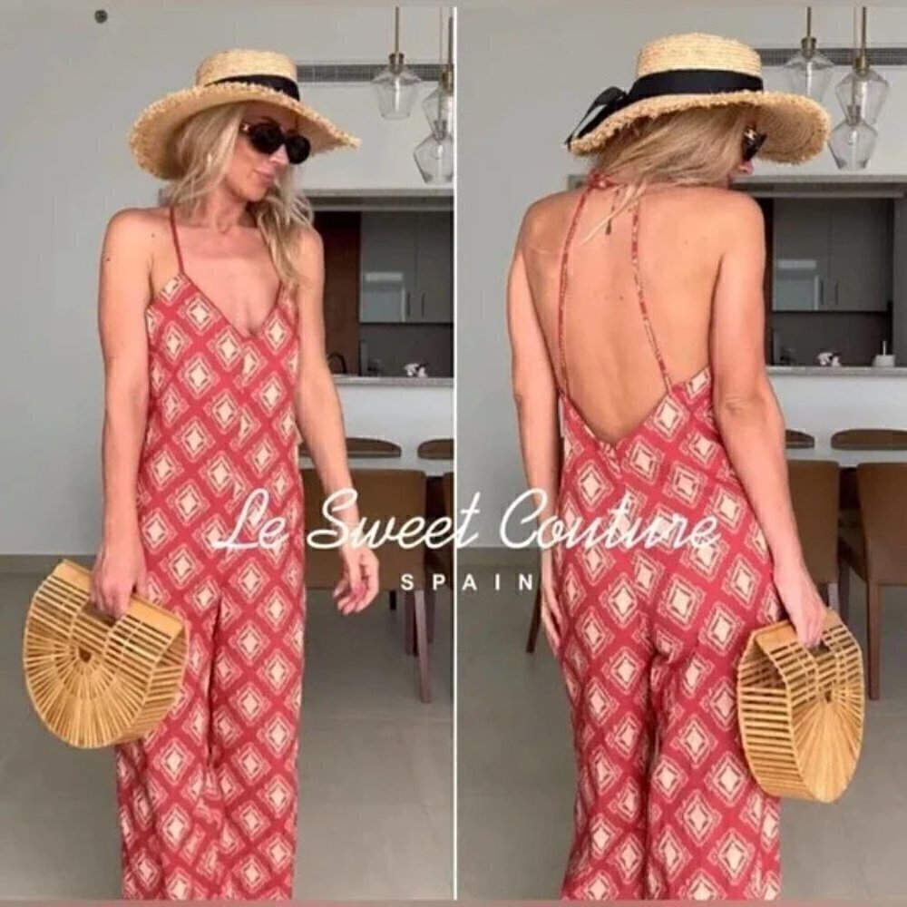 New Zara The Jami V-Neck Open Back Wide Leg Terracotta Print Jumpsuit NWT Small